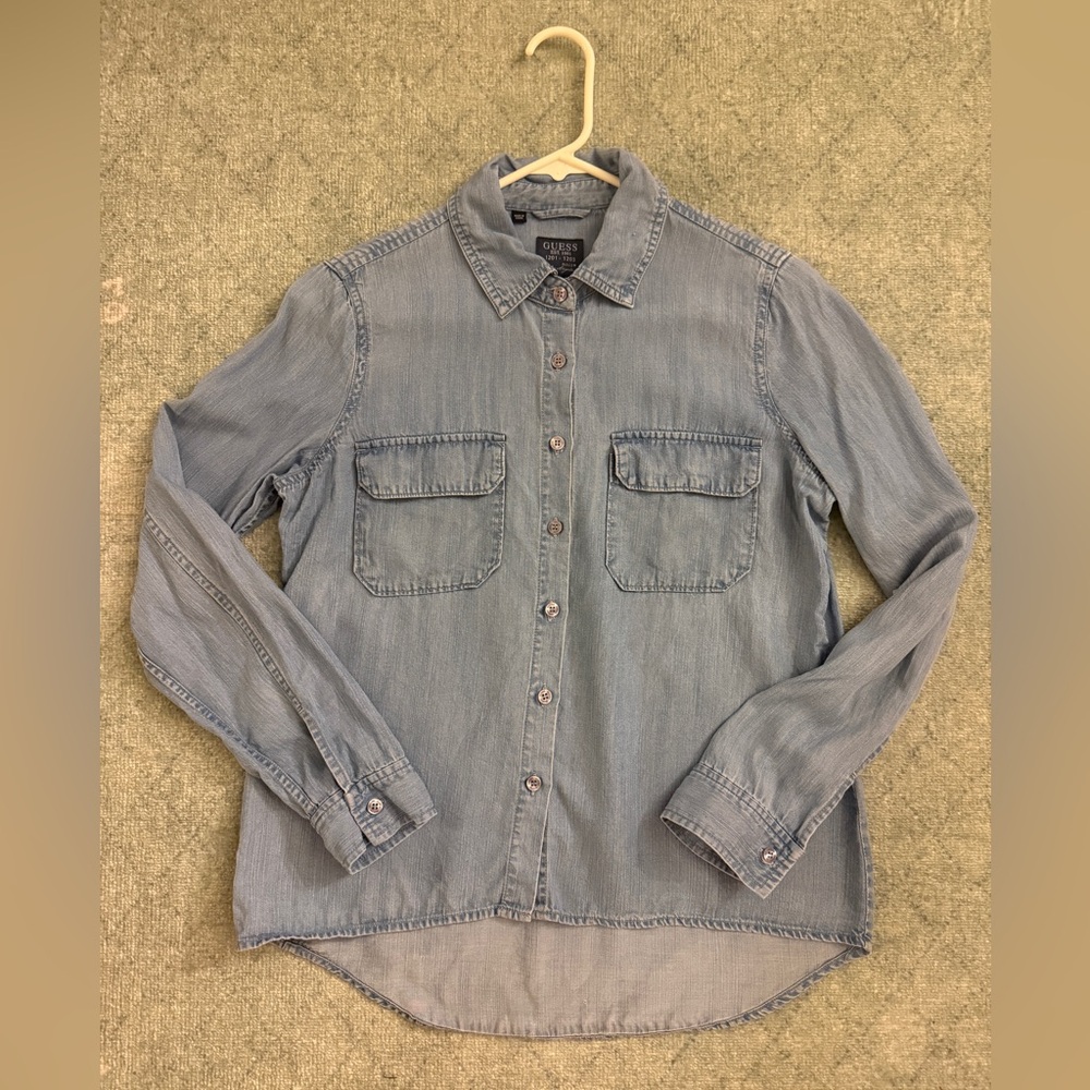 Guess faux denim button down with front pockets
